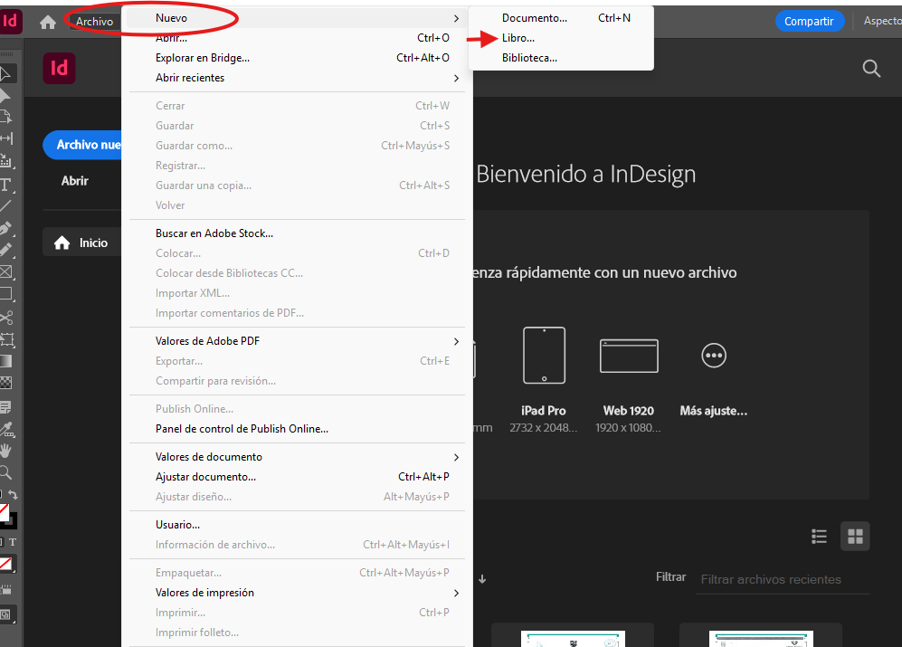 Menú de InDesign para crear un nuevo libro
